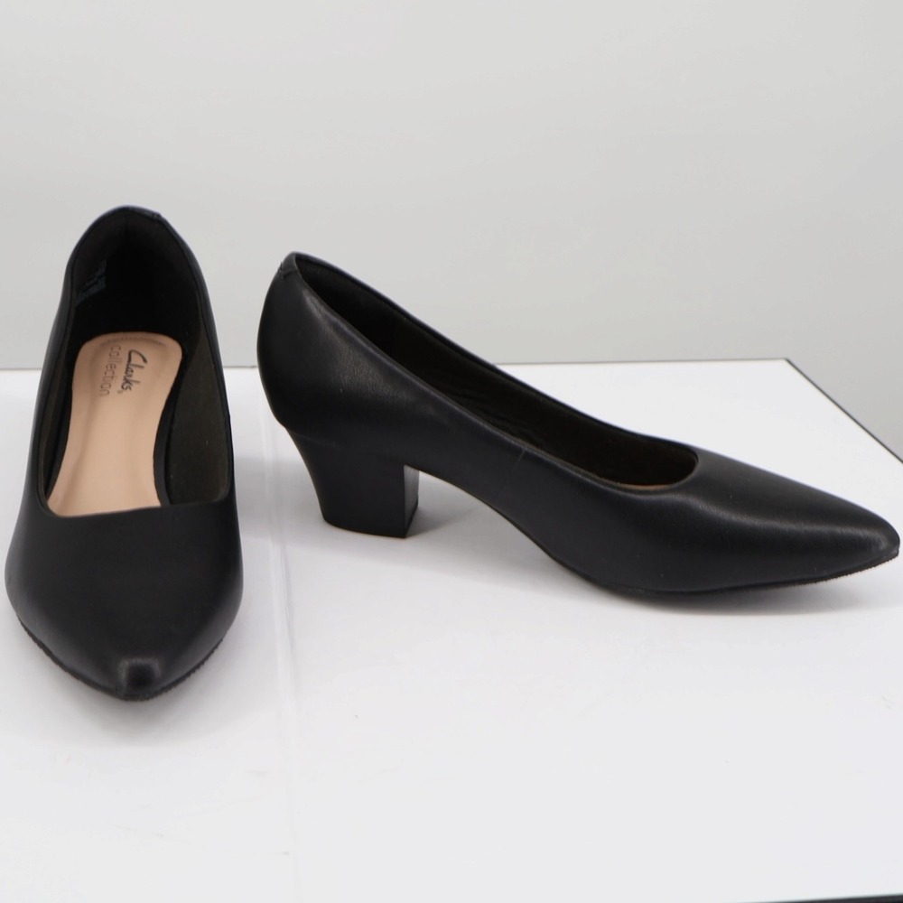 Clarks Teresa Step Black Leather Heels Wide Comfort Pump Work Shoe 6.5